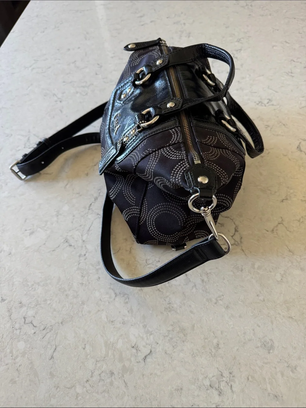 COACH Ashley Op Dot Black Signature Canvas Shoulder Satchel with Leather Trim